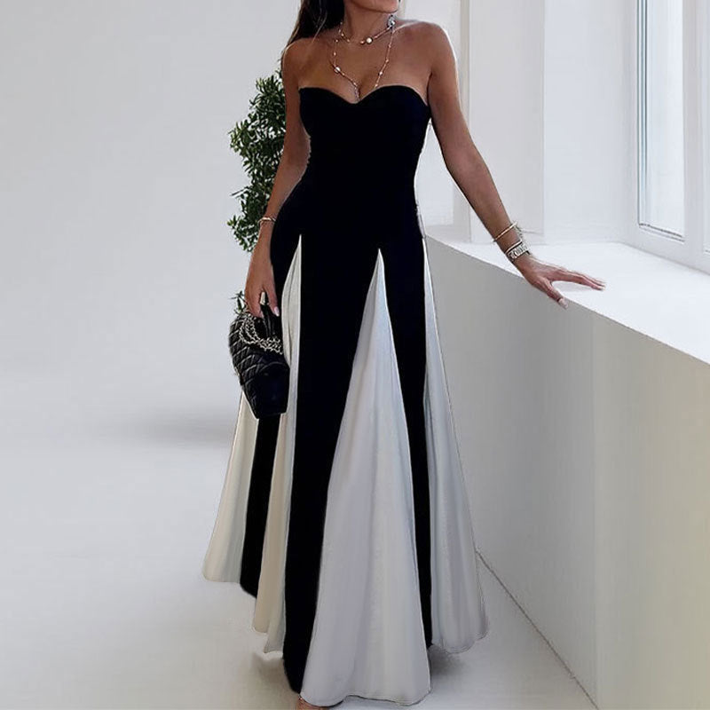 Women's fashion temperament halter color collision loose swing vacation waist dress