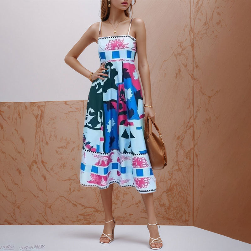 Women's new temperament elegant high-waisted printed halter casual fashion dresses