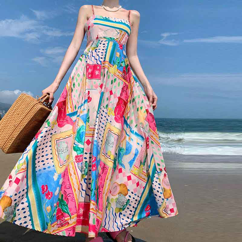 Women's new temperament elegant high-waisted printed halter casual fashion dresses