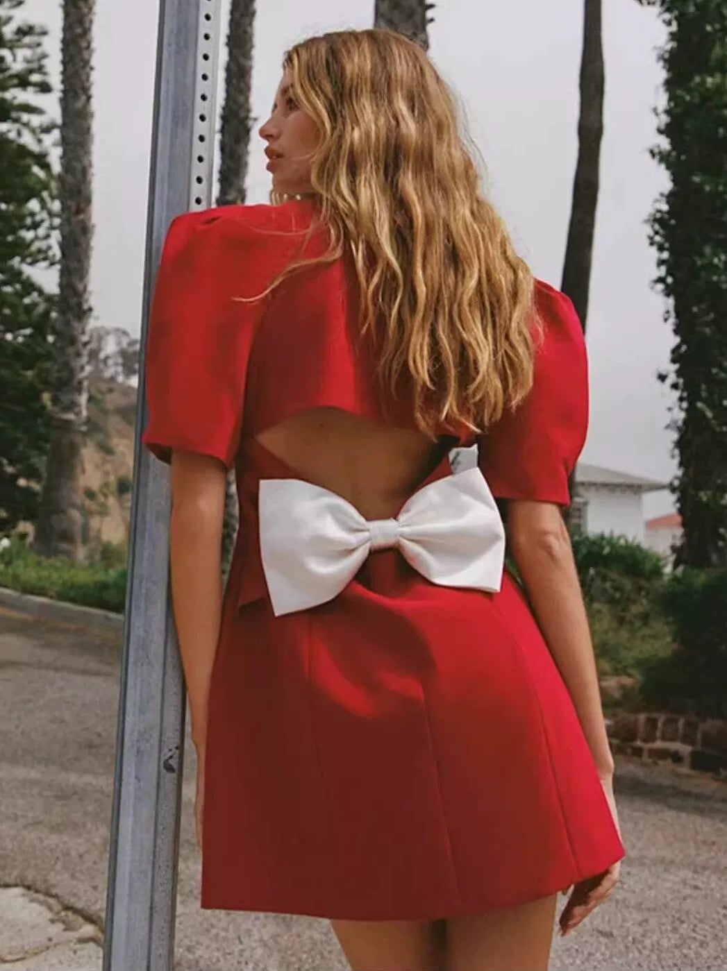 Temperament Suit Style Bow Embellished Backless Short Sleeve Dress