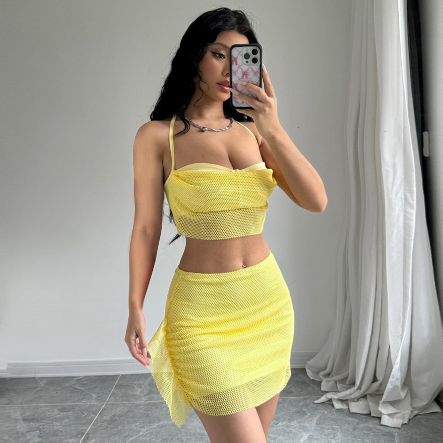 Mesh patchwork busty skirt two-piece set