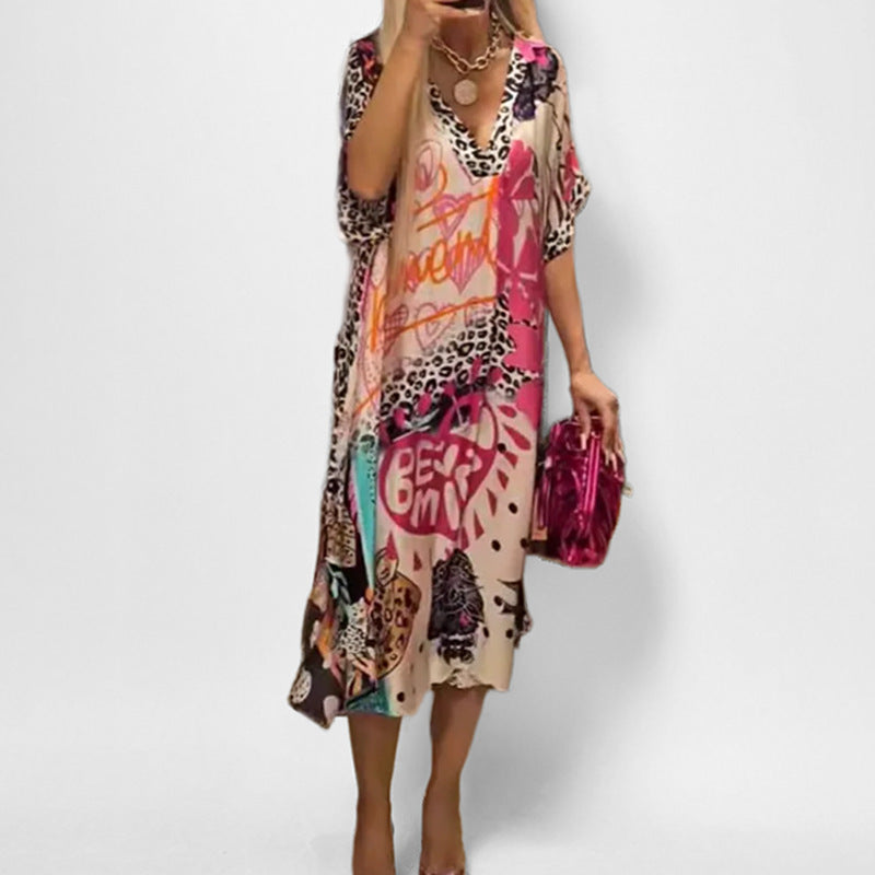New fashionable temperament leisure leopard color printing deep V-neck five-quarter sleeve dress