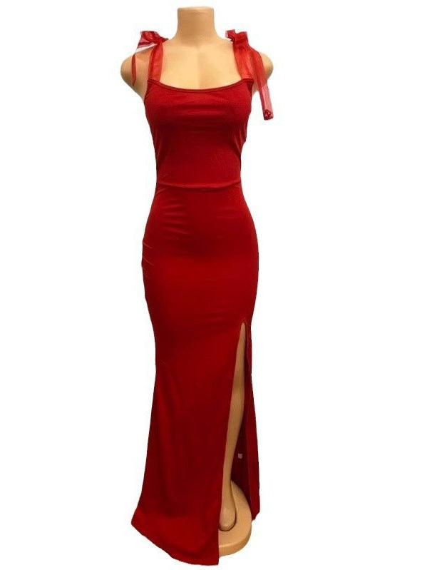 Suspenders low-cut sexy split package hip dress long dress solid color dresses women