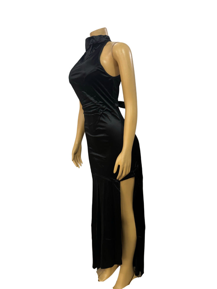 Half-high neck strapless sexy hollow backless tie package hip irregular dress women's clothing