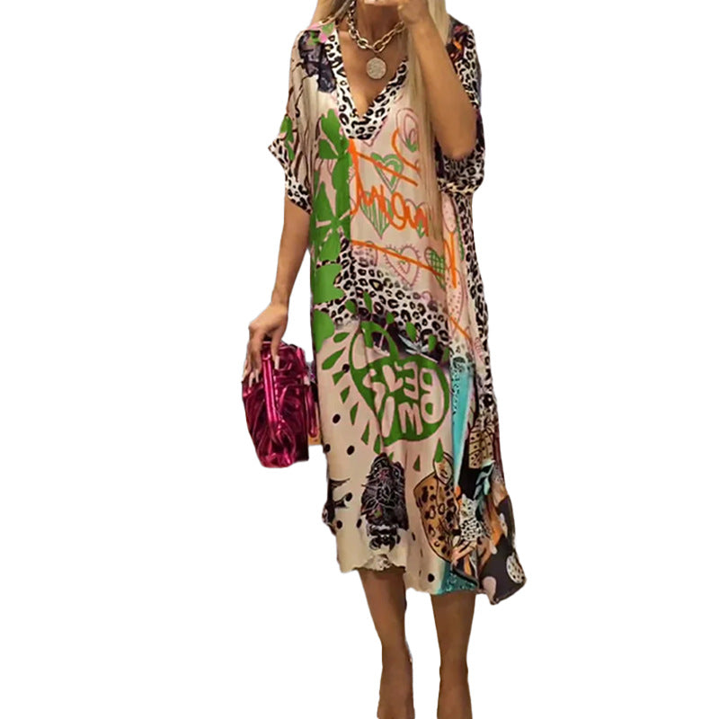 New fashionable temperament leisure leopard color printing deep V-neck five-quarter sleeve dress