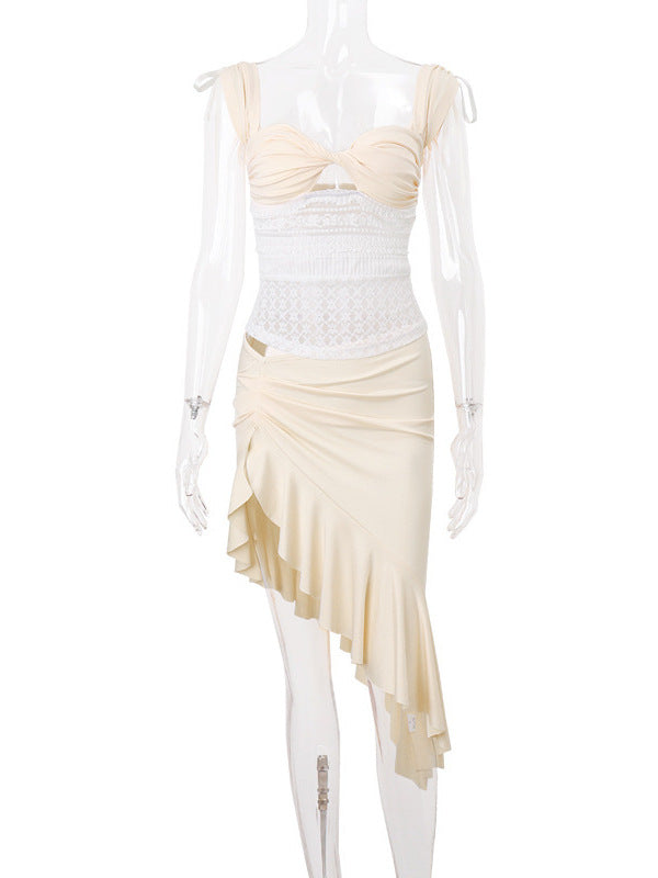 Low neck lace mesh splicing top ruffled lace