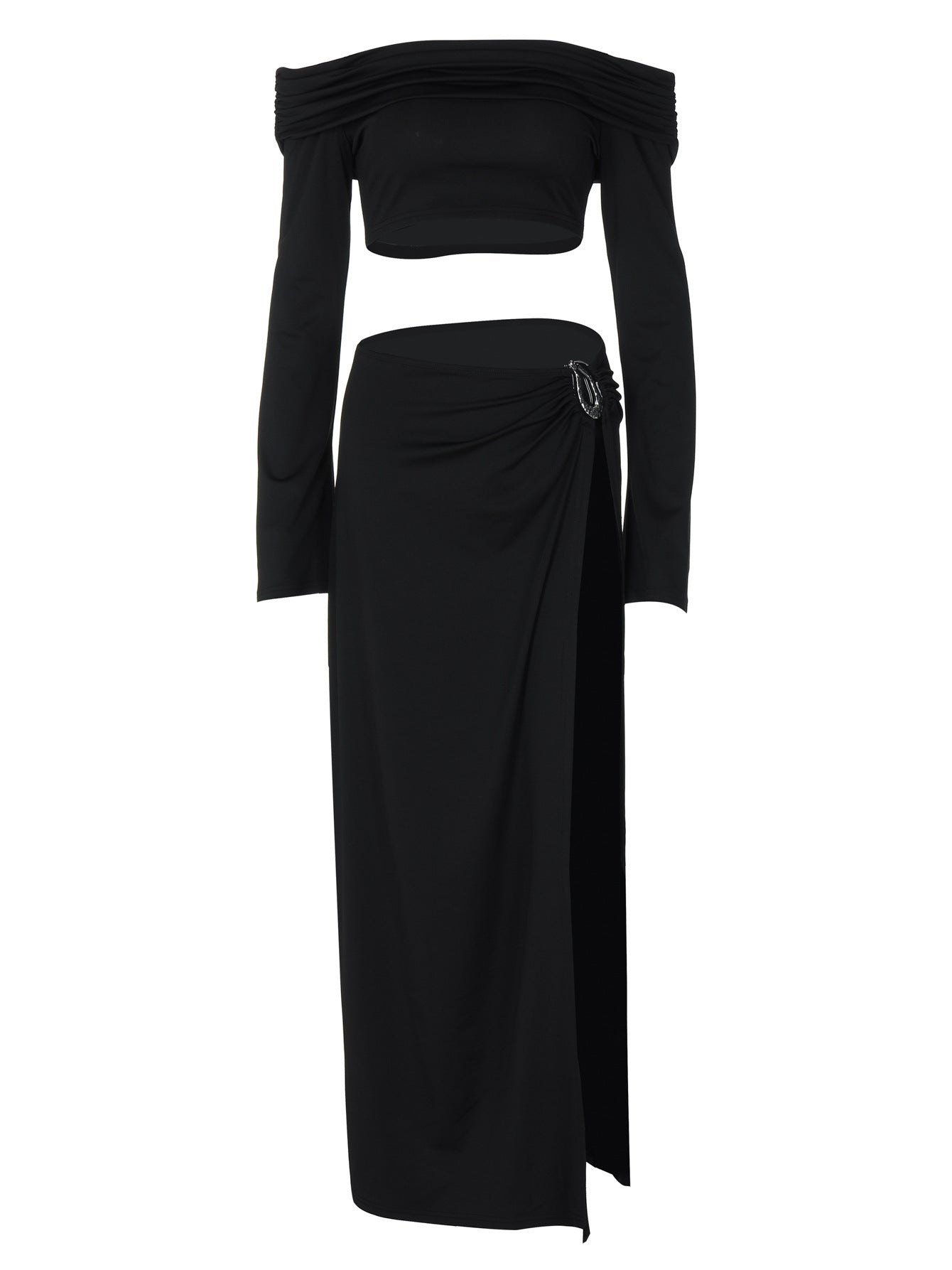 One-shoulder long-sleeved wrap-around sexy high-slit skirt two-piece suit