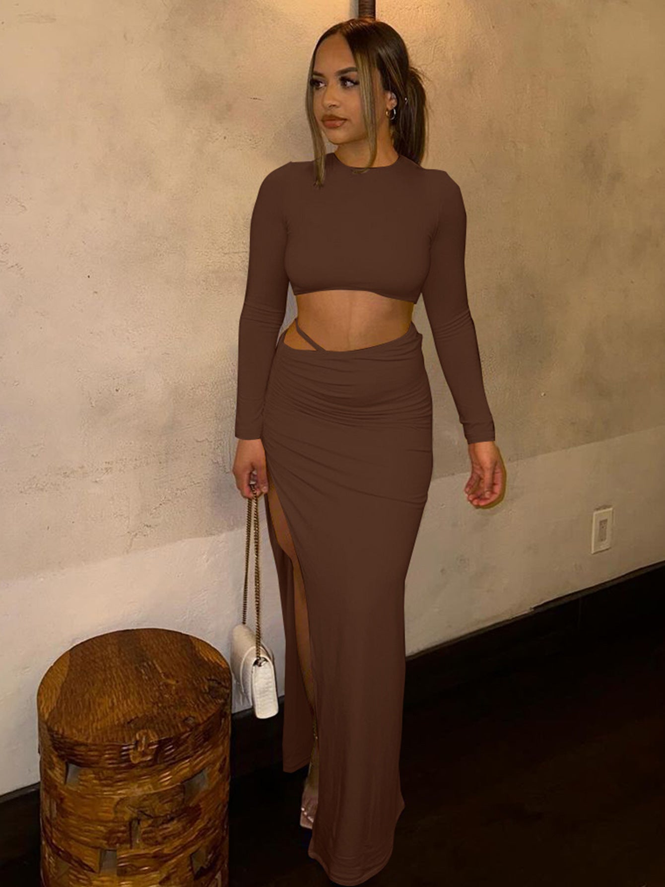 Solid color long sleeve round neck pleated slit long skirt two piece set