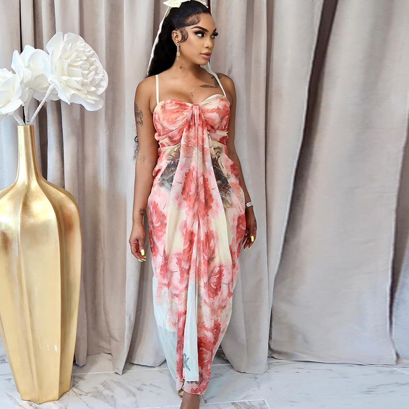 Digital Printing Chest Wrap Sleeveless Pleated Back