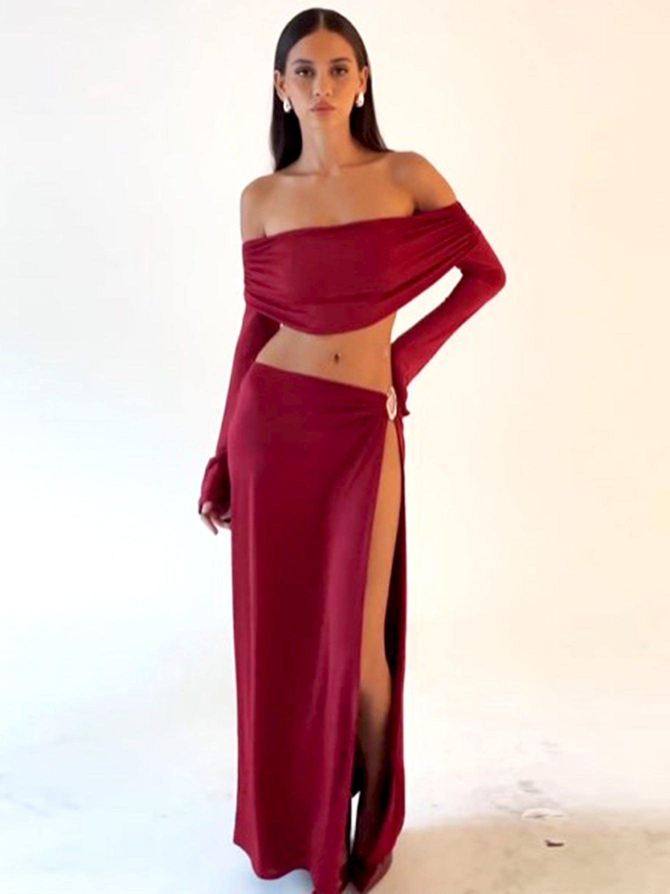 One-shoulder long-sleeved wrap-around sexy high-slit skirt two-piece suit