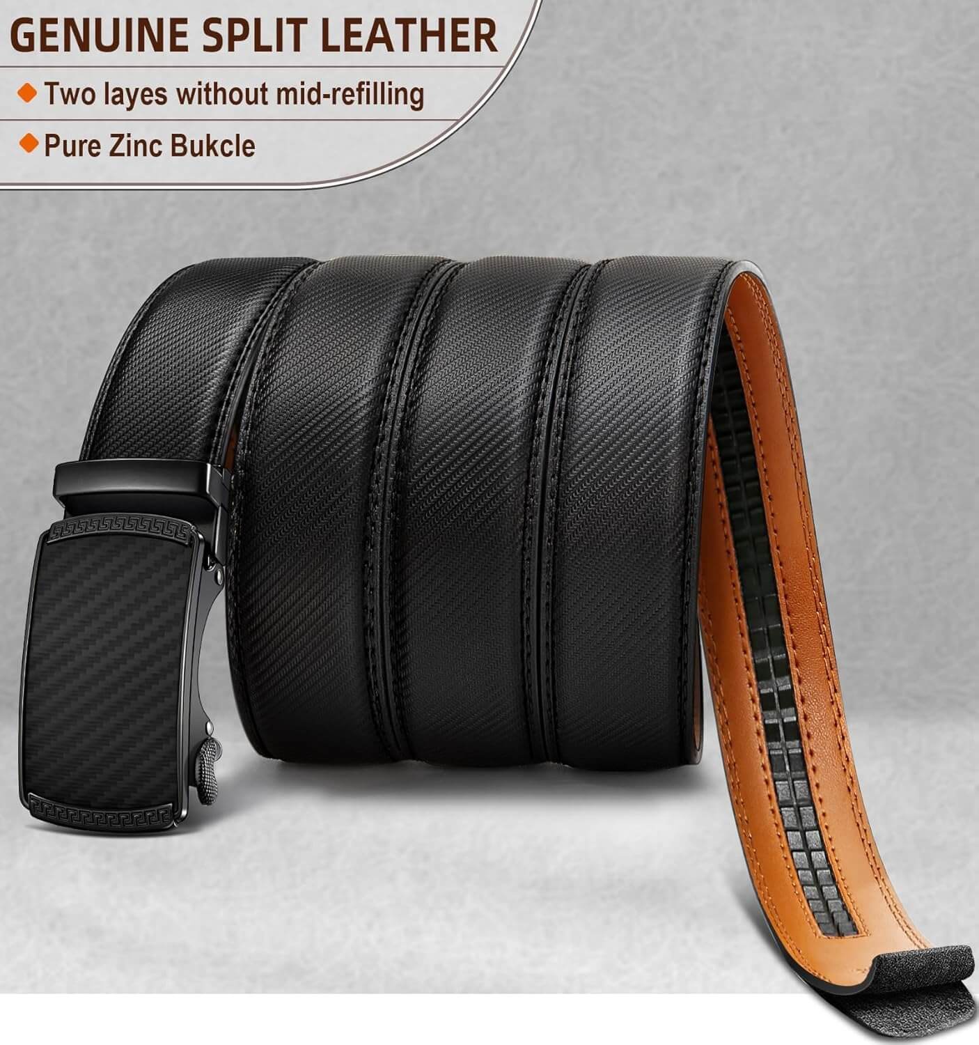 Black leather belt with a brown strap and black buckle
