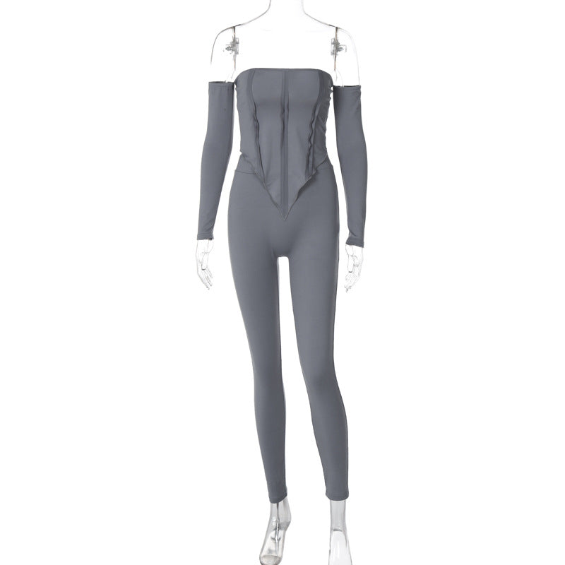 Sexy off-the-shoulder long-sleeved trousers two-piece suit