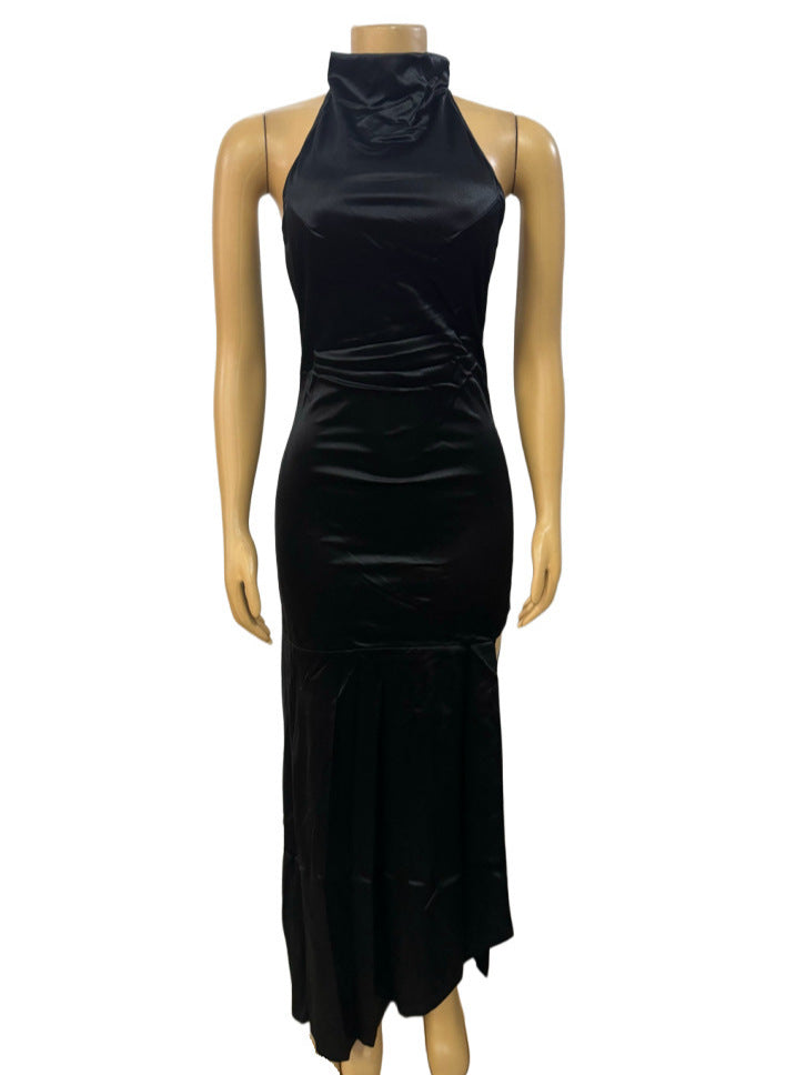 Half-high neck strapless sexy hollow backless tie package hip irregular dress women's clothing