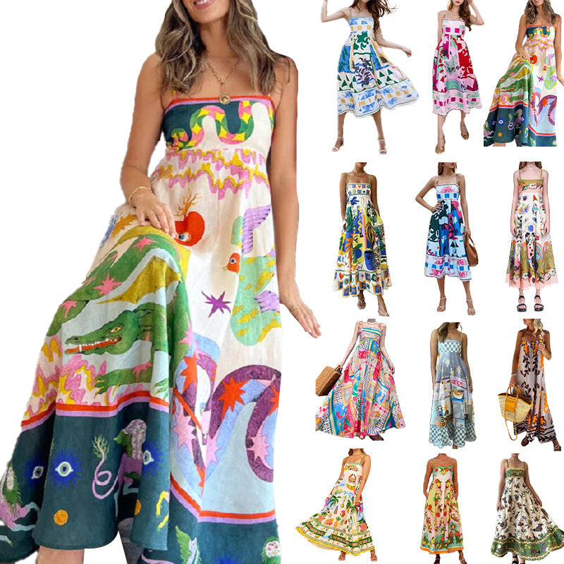 Women's new temperament elegant high-waisted printed halter casual fashion dresses