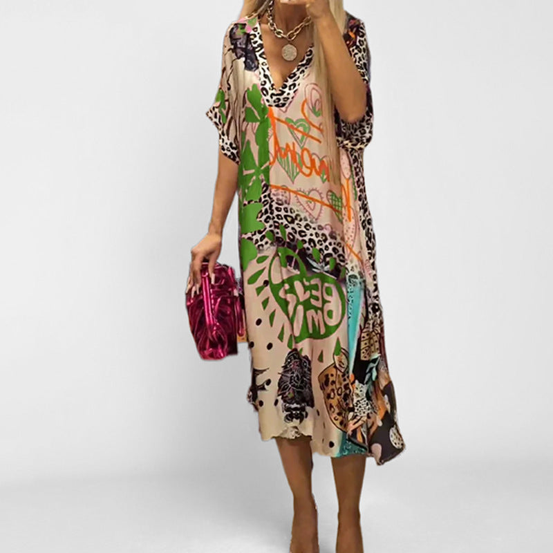New fashionable temperament leisure leopard color printing deep V-neck five-quarter sleeve dress