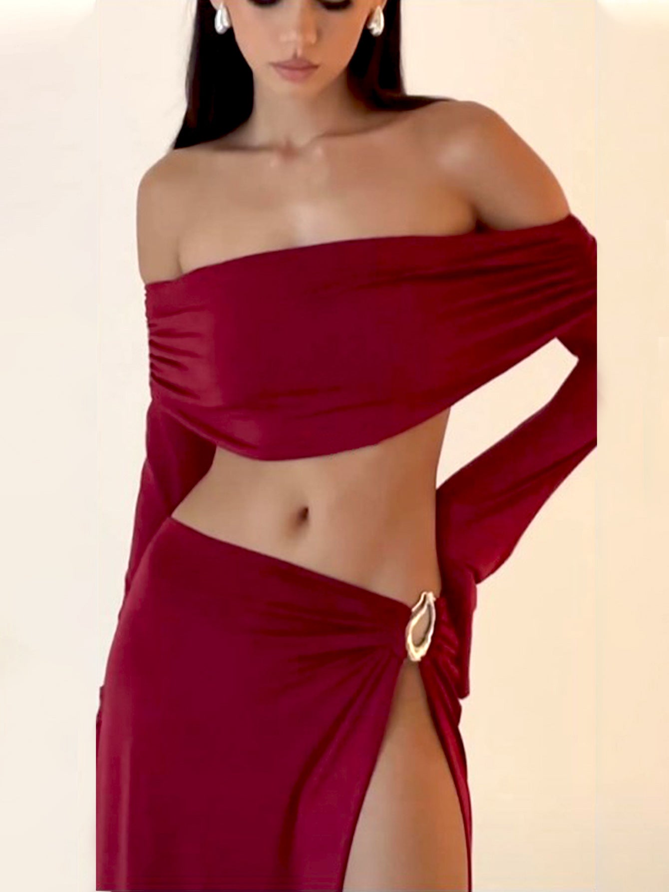One-shoulder long-sleeved wrap-around sexy high-slit skirt two-piece suit