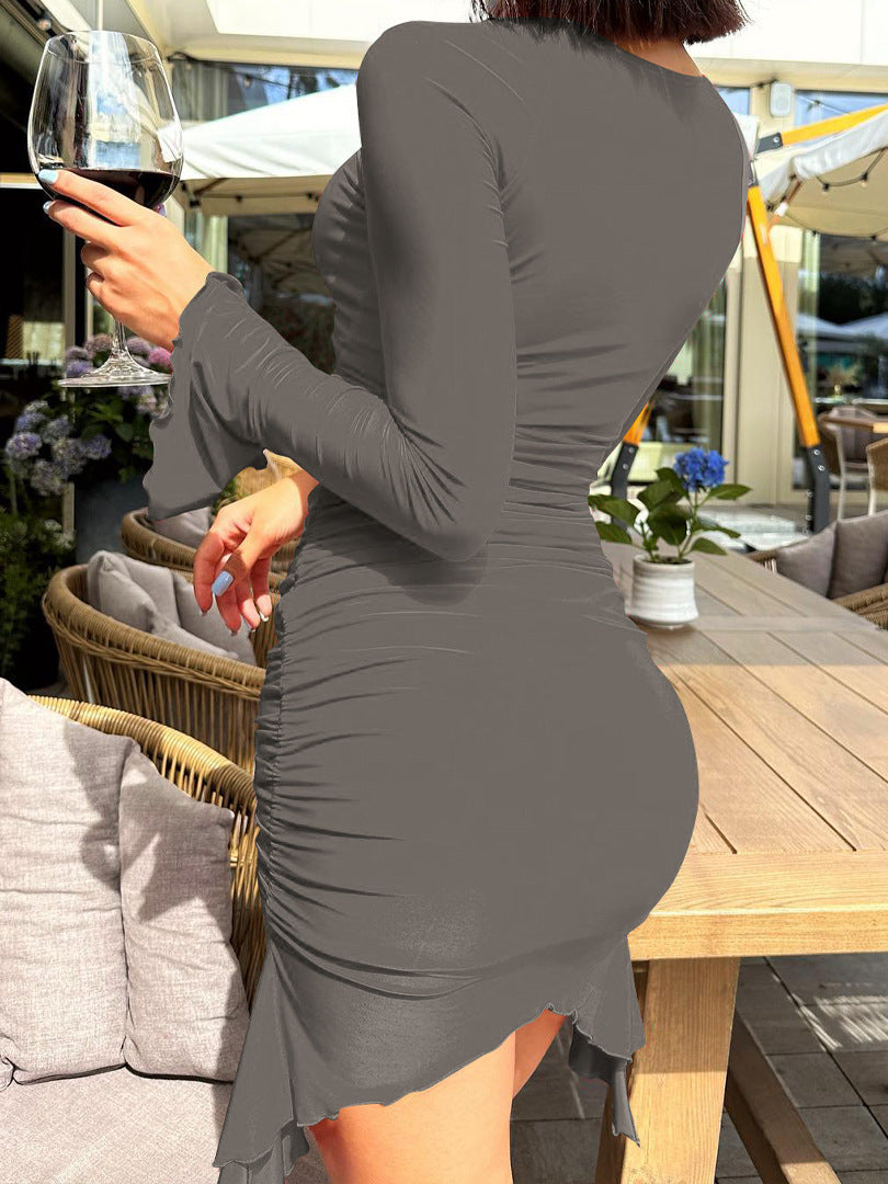 Long-sleeved wavy edge hollow pleated hip dress