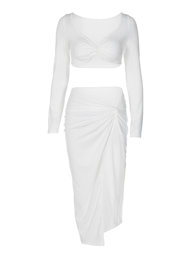 Long-sleeved V-neck sexy tight high waist slit skirt two-piece suit
