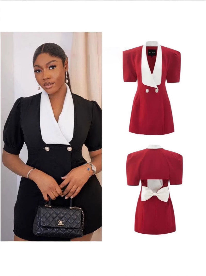 Temperament Suit Style Bow Embellished Backless Short Sleeve Dress