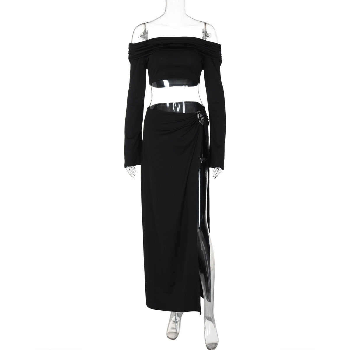 One-shoulder long-sleeved wrap-around sexy high-slit skirt two-piece suit