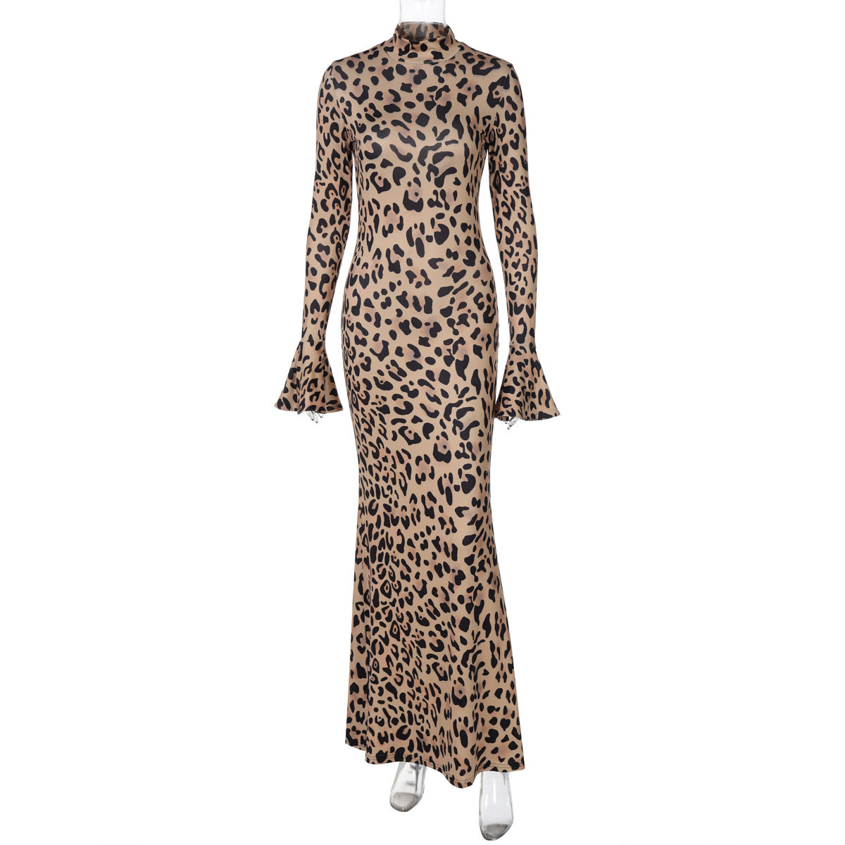 Leopard print maxi dress high collar long sleeves temperament slim fit dress