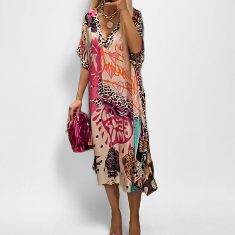 New fashionable temperament leisure leopard color printing deep V-neck five-quarter sleeve dress