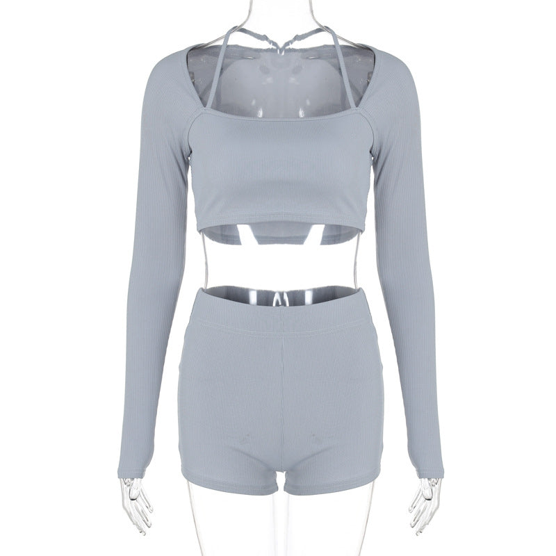 Knitted ribbed high elastic back sports fitness two-piece suit