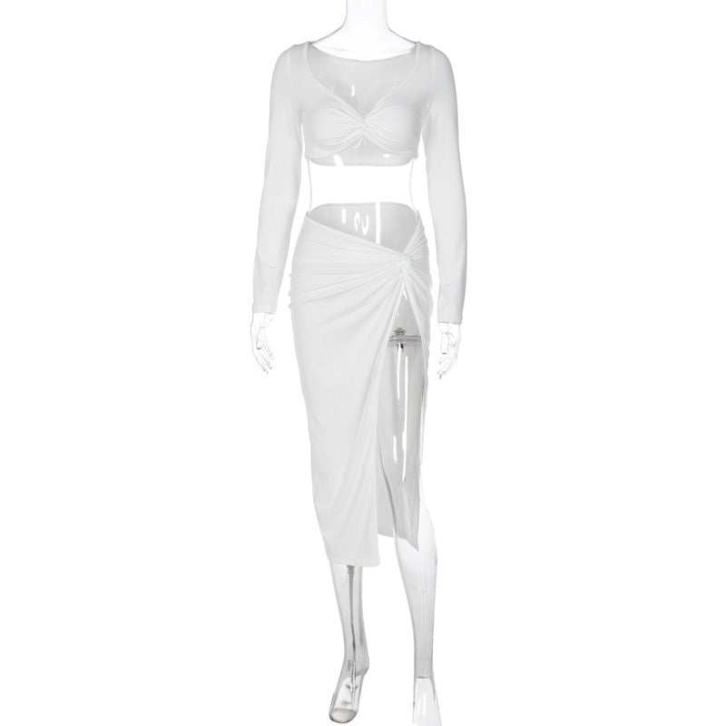 Long-sleeved V-neck sexy tight high waist slit skirt two-piece suit