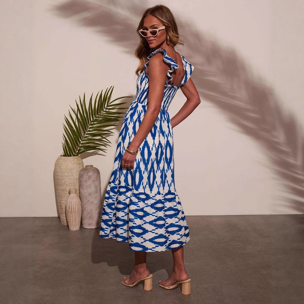 Waist-slimming pleated halter pendulum dress