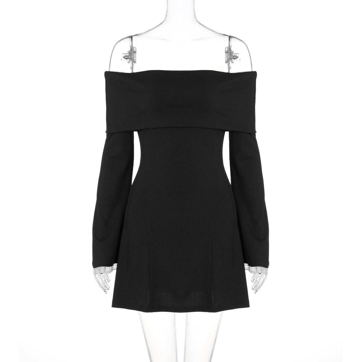 One-shoulder trumpet long-sleeved mini dress with lace trim