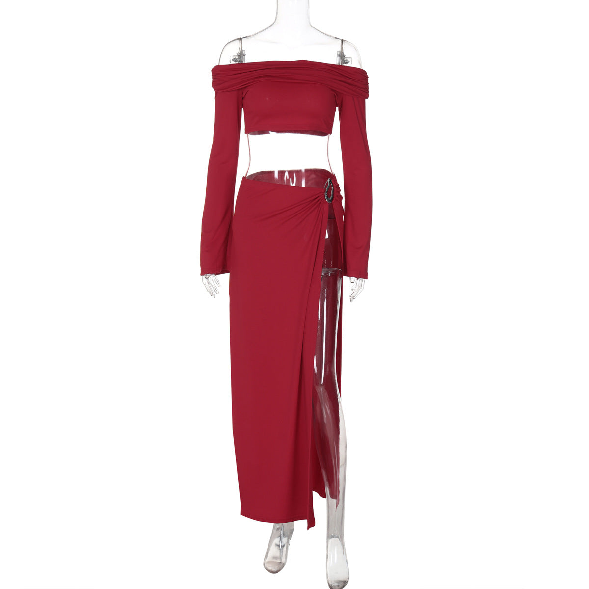 One-shoulder long-sleeved wrap-around sexy high-slit skirt two-piece suit