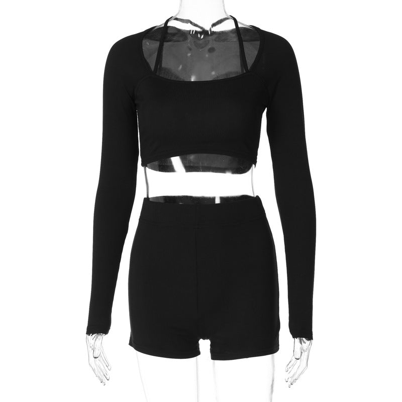 Knitted ribbed high elastic back sports fitness two-piece suit