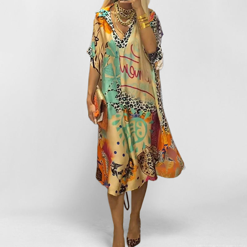 New fashionable temperament leisure leopard color printing deep V-neck five-quarter sleeve dress