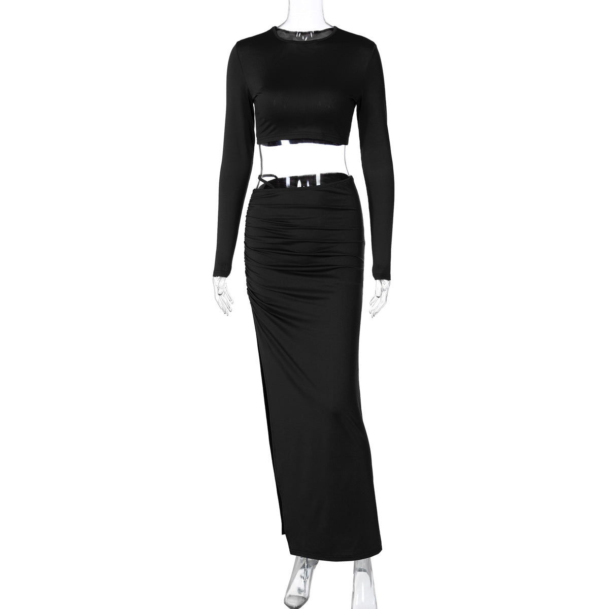 Solid color long sleeve round neck pleated slit long skirt two piece set