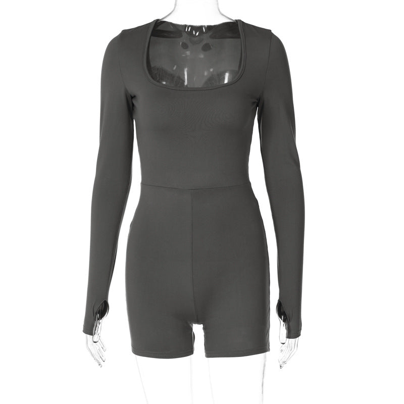 Long-sleeved U-neck hollow high-waist hip-lifting jumpsuit