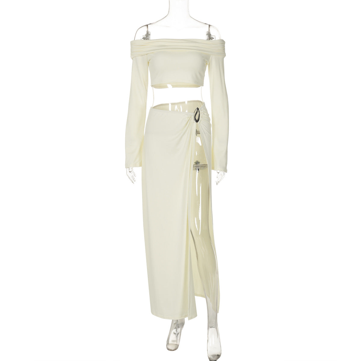 One-shoulder long-sleeved wrap-around sexy high-slit skirt two-piece suit