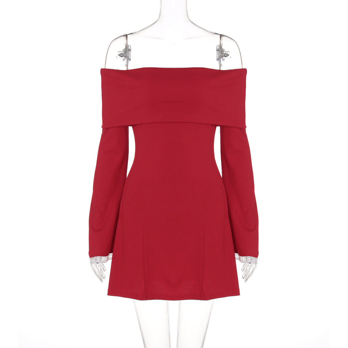One-shoulder trumpet long-sleeved mini dress with lace trim