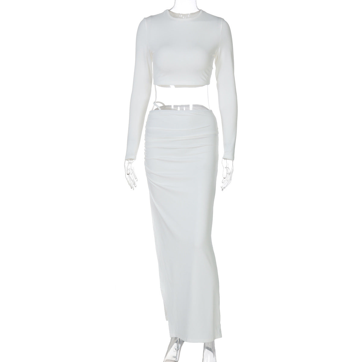 Solid color long sleeve round neck pleated slit long skirt two piece set
