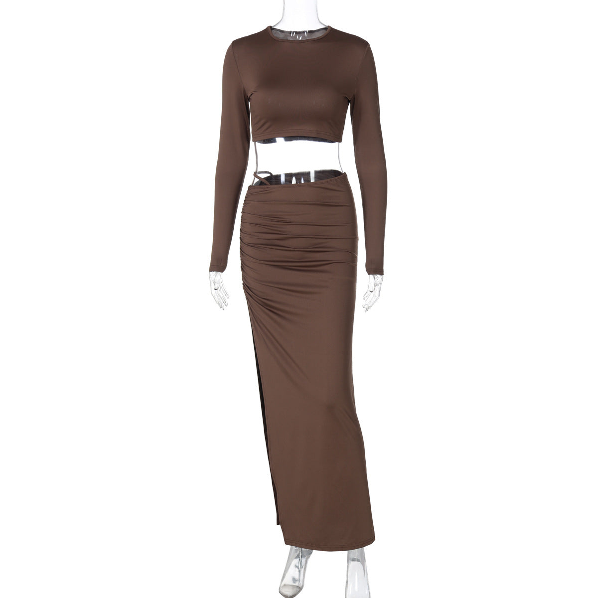 Solid color long sleeve round neck pleated slit long skirt two piece set