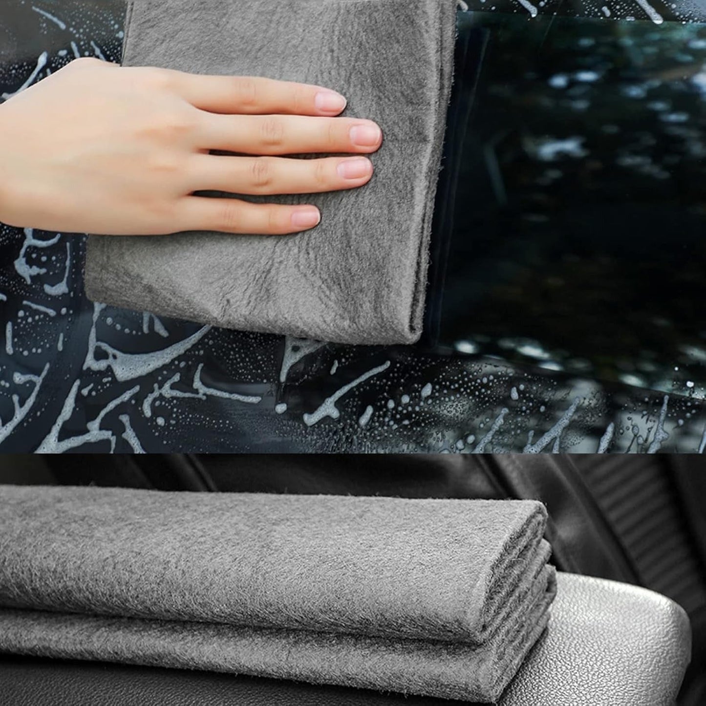 Person cleaning a car window with a gray microfiber cloth.