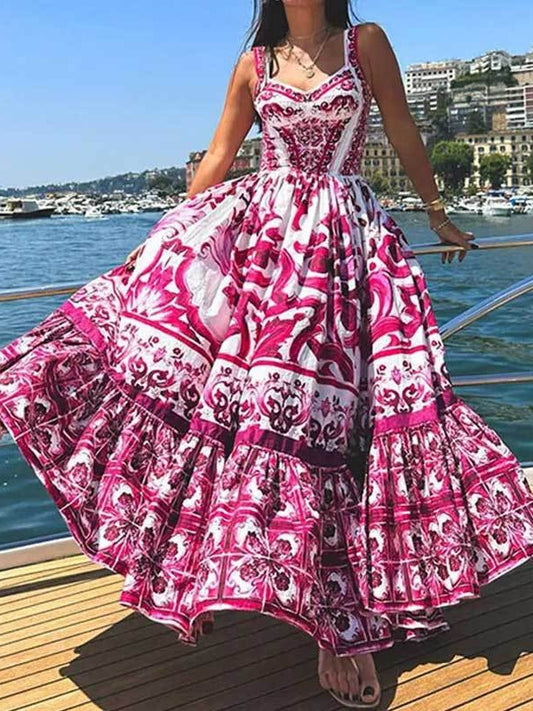 Elegant mid-length large-swing printed halter dress