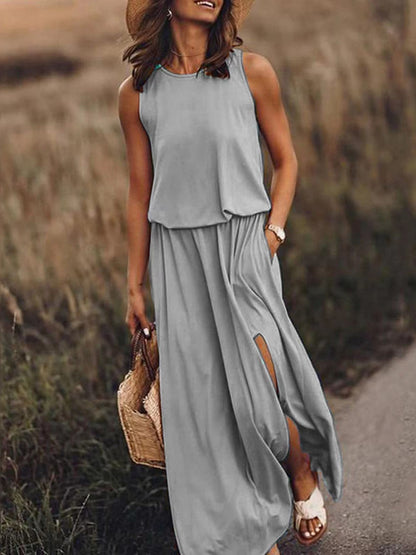New Vacation Style Solid Color Round Collar Sleeveless Sling Lantern Split Dress Long Skirt
