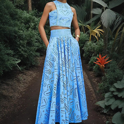 Women's casual fashion sleeveless pockets long dress dress two-piece suit female