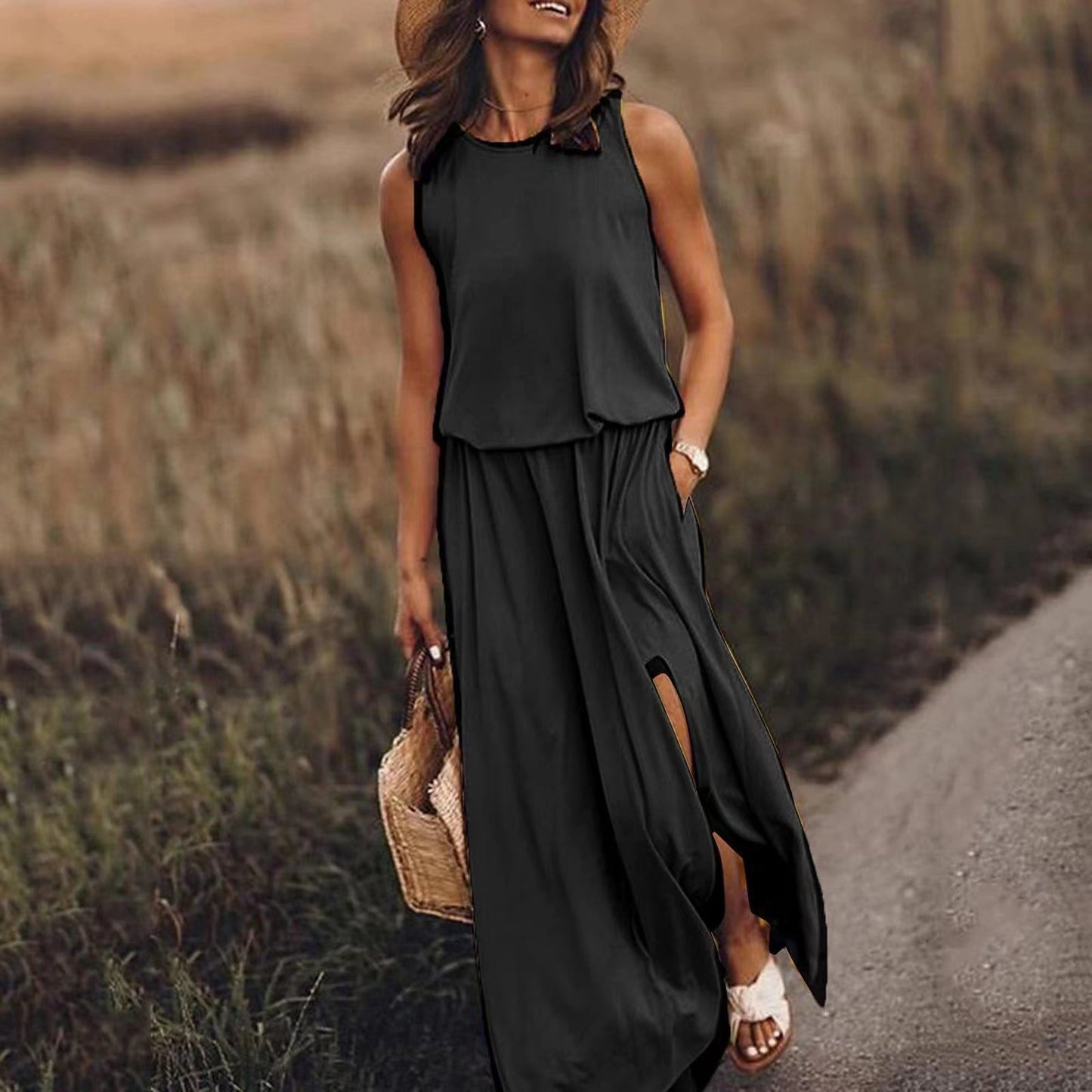 New Vacation Style Solid Color Round Collar Sleeveless Sling Lantern Split Dress Long Skirt