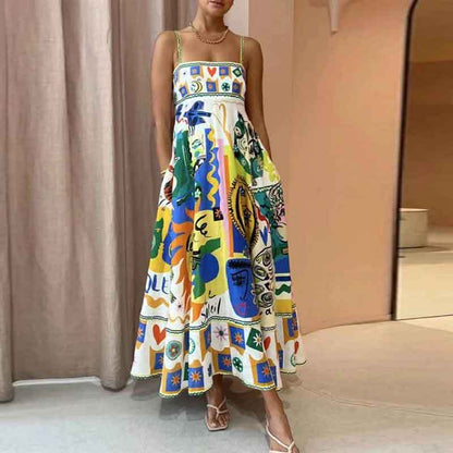 Women's new temperament elegant high-waisted printed halter casual fashion dresses