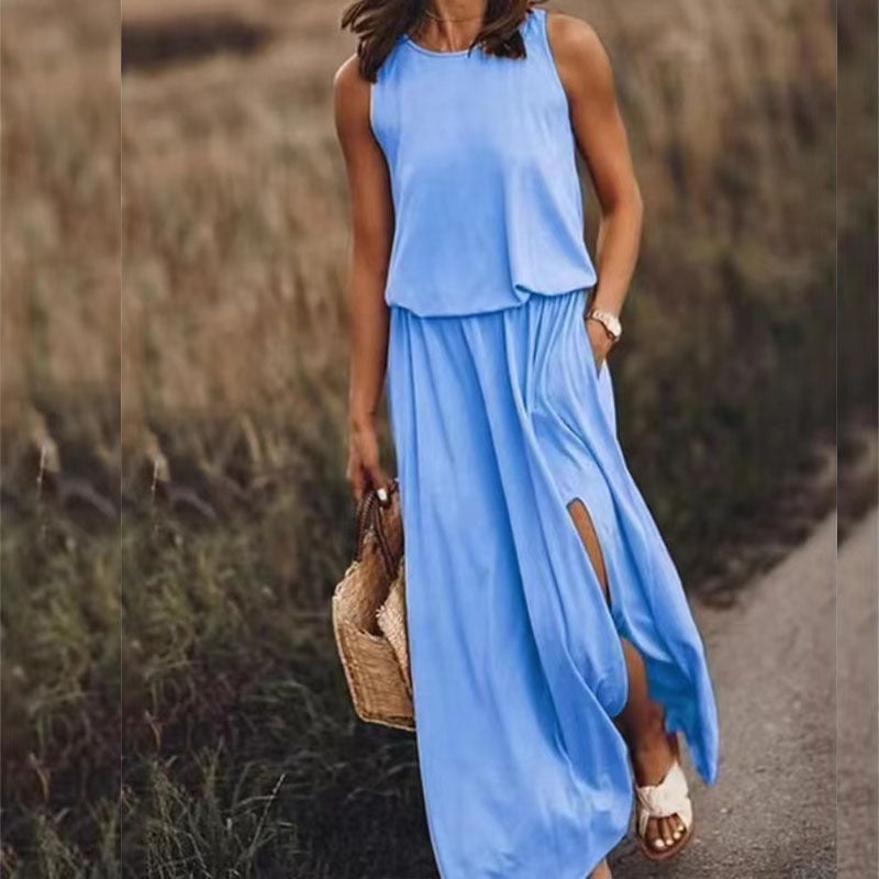 New Vacation Style Solid Color Round Collar Sleeveless Sling Lantern Split Dress Long Skirt
