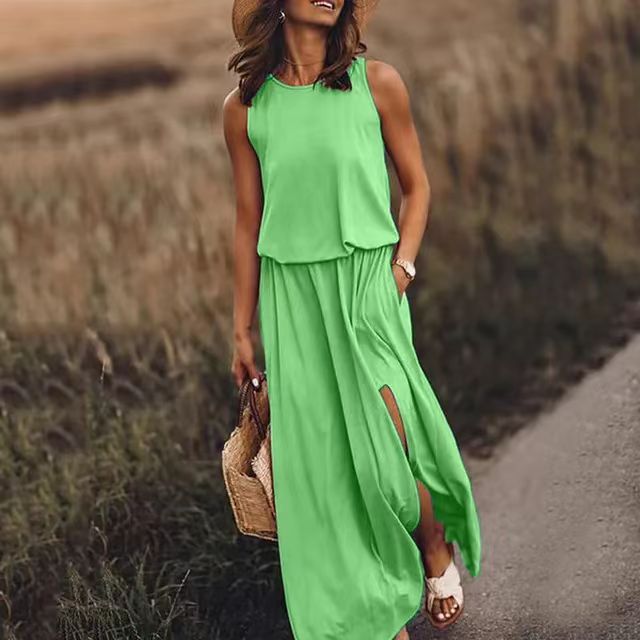 New Vacation Style Solid Color Round Collar Sleeveless Sling Lantern Split Dress Long Skirt