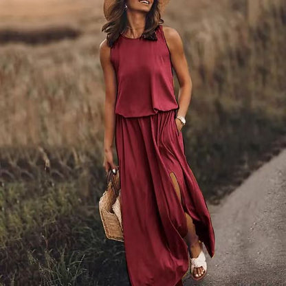 New Vacation Style Solid Color Round Collar Sleeveless Sling Lantern Split Dress Long Skirt