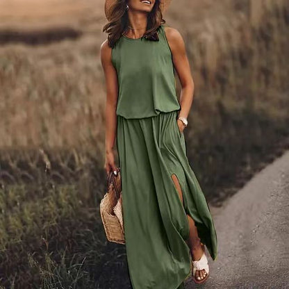 New Vacation Style Solid Color Round Collar Sleeveless Sling Lantern Split Dress Long Skirt