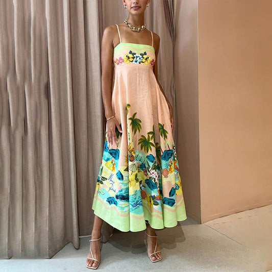Women's new temperament elegant high-waisted printed halter casual fashion dresses